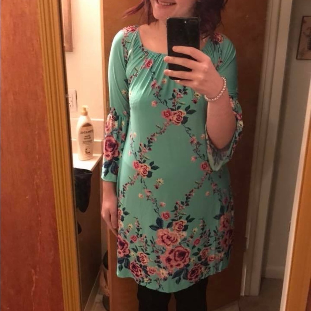 Filly Flair Teal Off Shoulder Floral Dress Small
